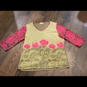 Vintage Marshall Rousso Black Top Women's Medium Flowers Floral